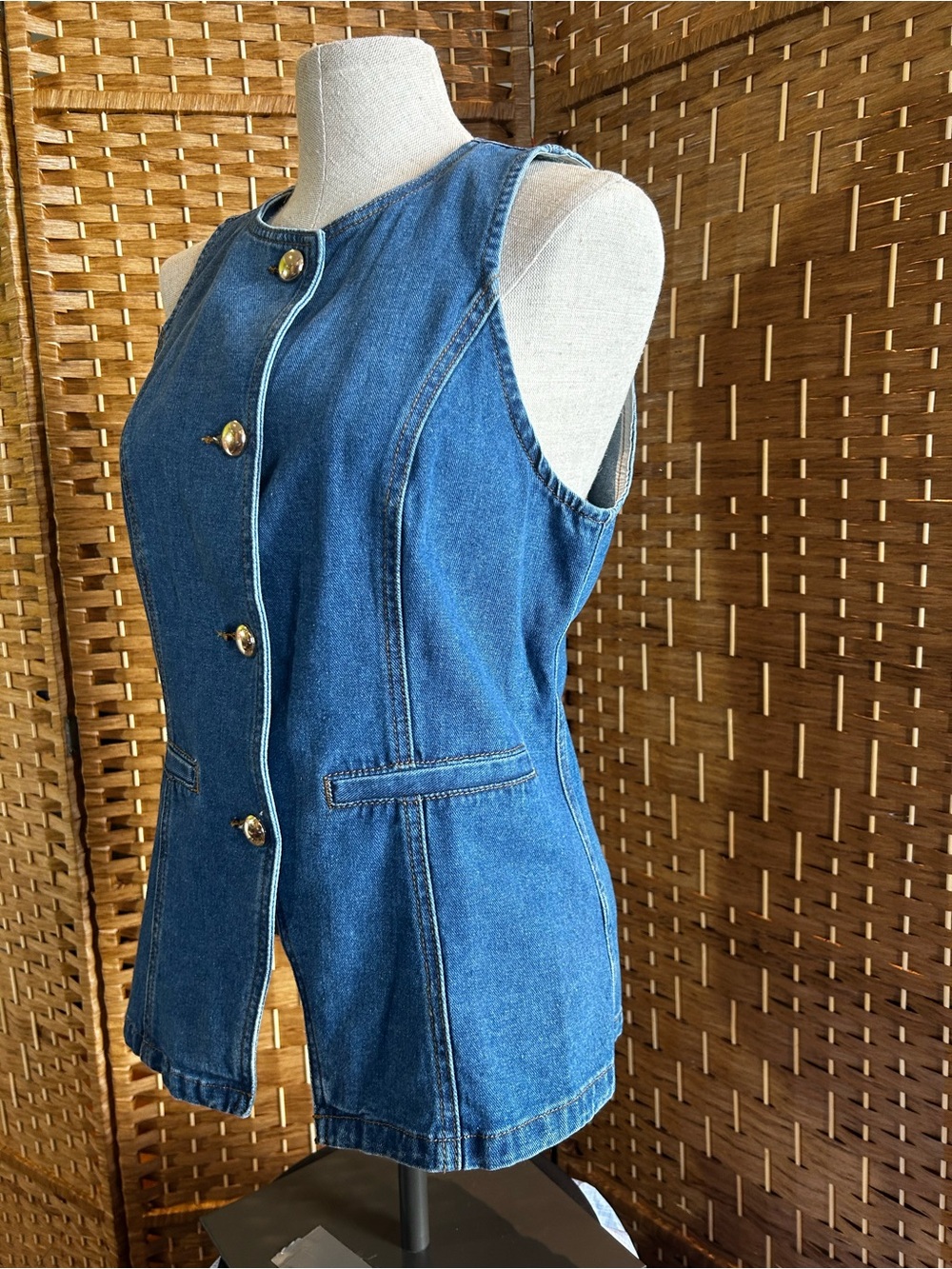 Sincerly Jules Denim Sleeveless Vest with Gold Buttons - Blue - Picture 3 of 6